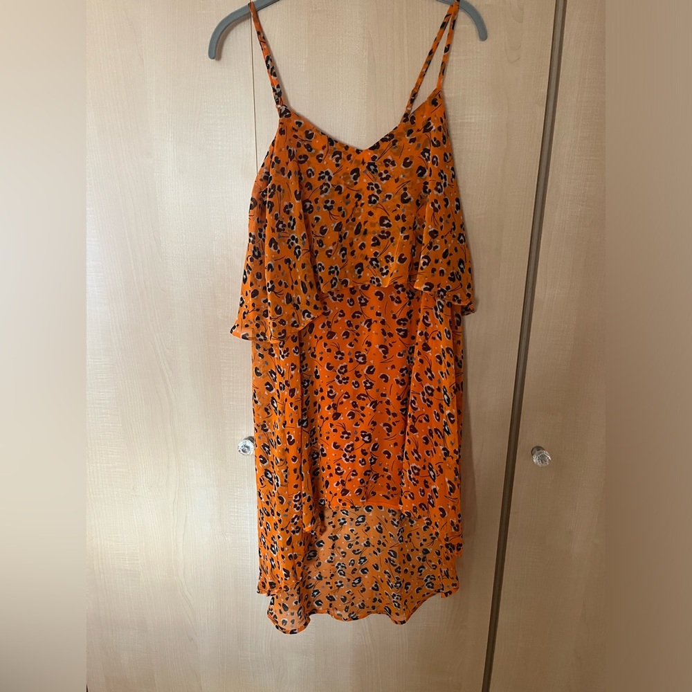 BarIII high low, spaghetti strap dress, orange floral, size Small